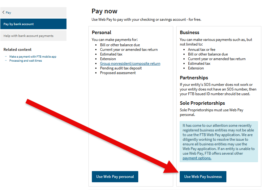 FTB Web Pay landing page with the Use Web Pay for Business option highlighted