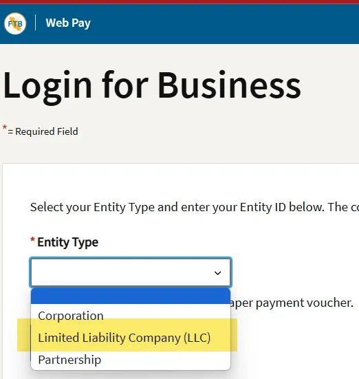 FTB entity type drop down with Limited Liability Company selected