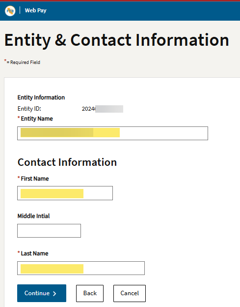 FTB entity confirmation screen showing the entity name and contact name fields