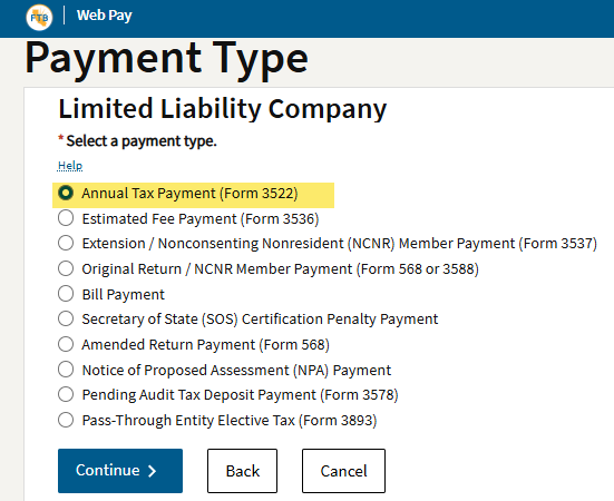 FTB payment type drop down with Annual Tax Payment Form 3522 selected