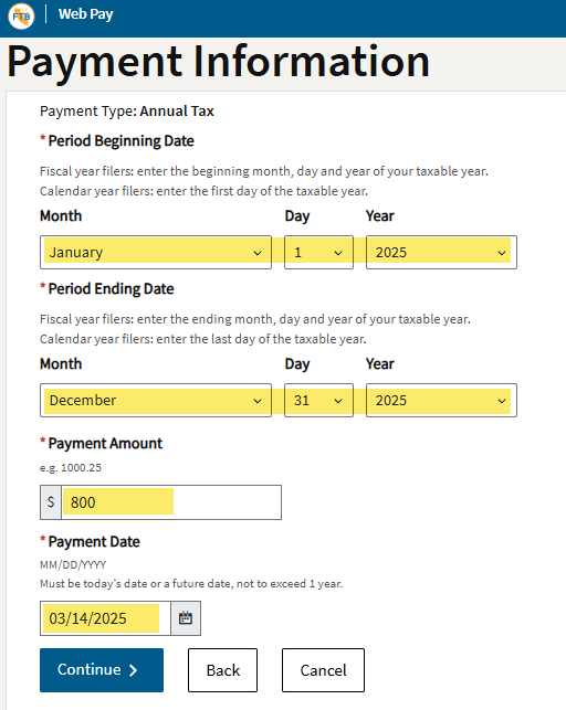FTB payment information screen showing the tax year, amount, and payment date fields