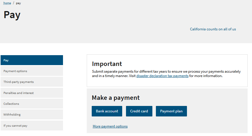 FTB payment site showing the Bank Account and Credit Card payment options