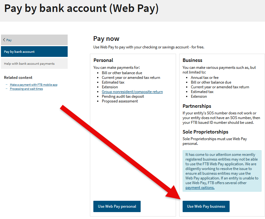 FTB Web Pay page with the Use Web Pay Business option highlighted