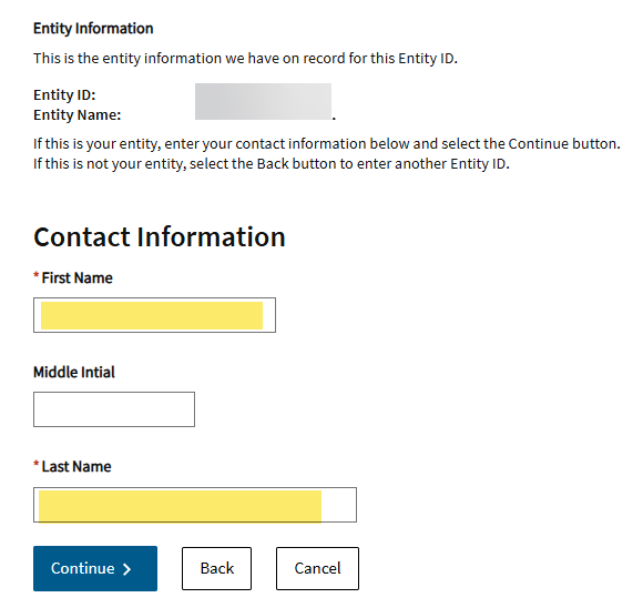 FTB contact information entry screen