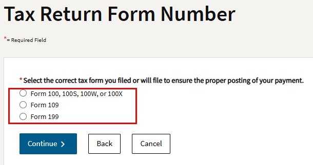 FTB tax form selection drop down