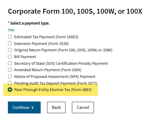FTB payment type drop down with Pass-Through Entity Elective Tax Form 3893 selected