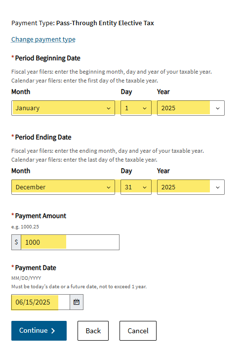 FTB payment period and amount entry screen
