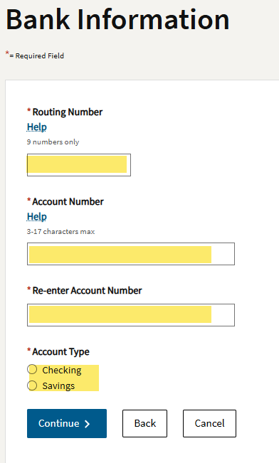 FTB bank account information entry screen