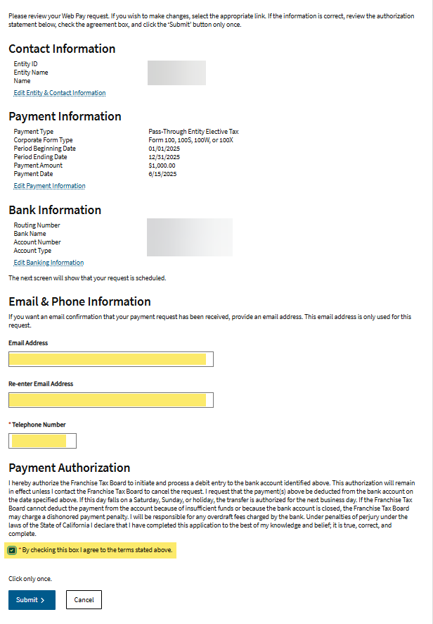 FTB review and submit screen with the email confirmation field