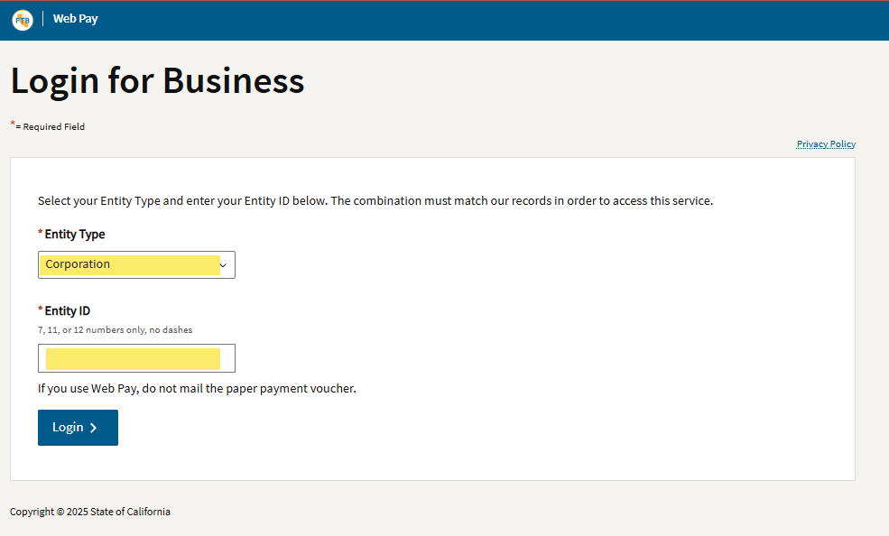 FTB Web Pay for Business login screen with the entity ID field
