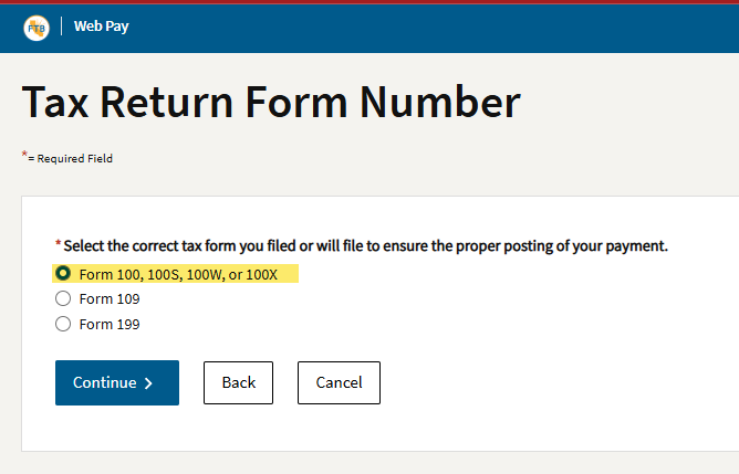 FTB form number selection screen