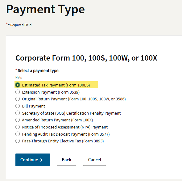 FTB payment type drop down with Estimated Tax Payment Form 100-ES selected