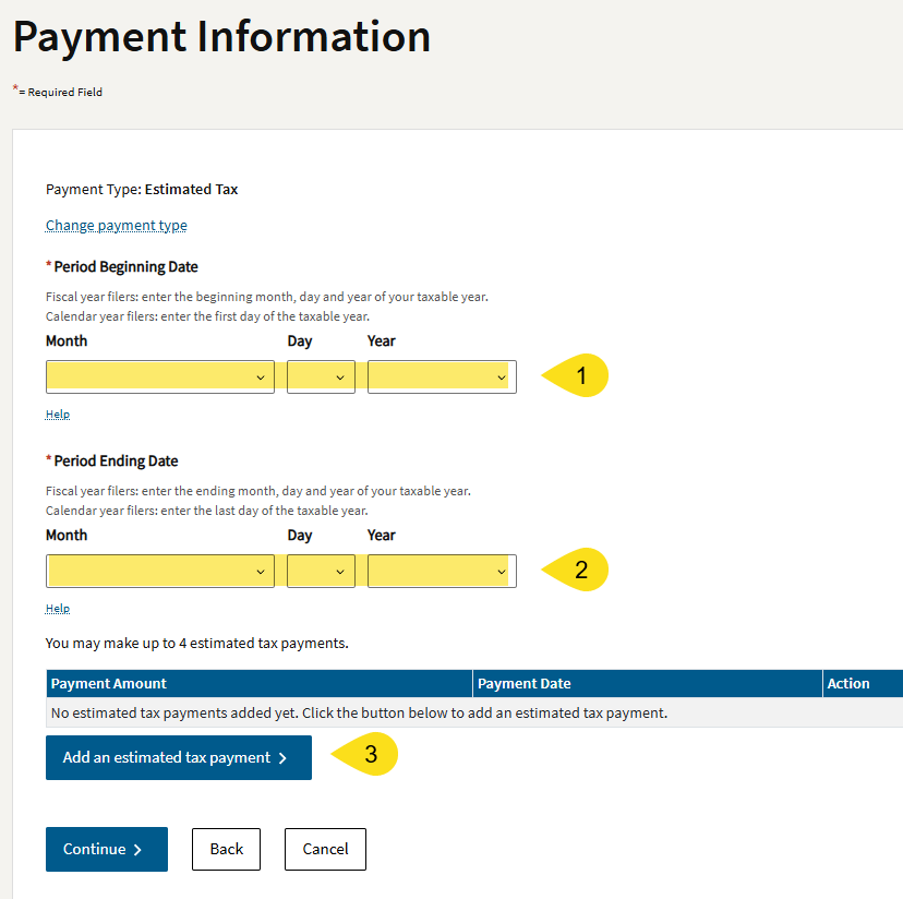 FTB screen with the Add an estimated tax payment button