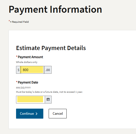 FTB payment amount and date entry screen