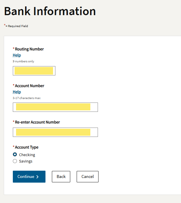 FTB bank account information entry screen