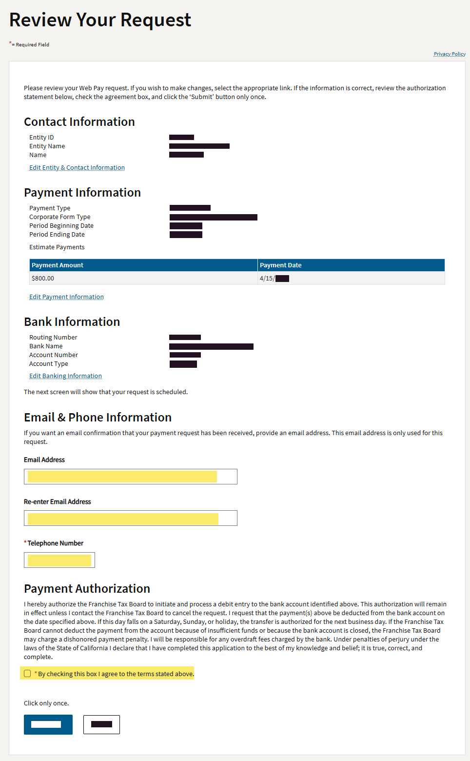FTB review screen with email address and phone number fields