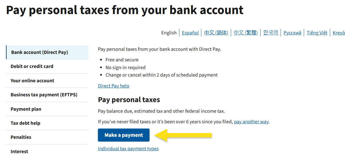 IRS Direct Pay home page with the Make a Payment button highlighted