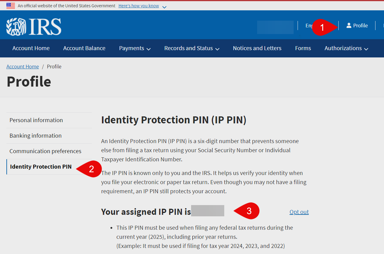 IRS online account profile page showing the Identity Protection PIN section