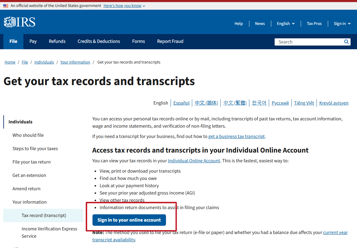 IRS transcript page with the Sign in to your online account button highlighted.