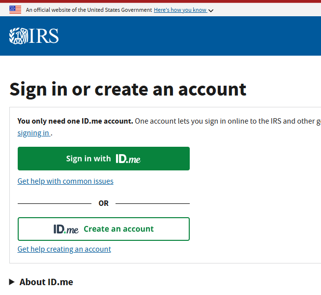 IRS sign-in screen showing the options to sign in with ID.me or create an account.