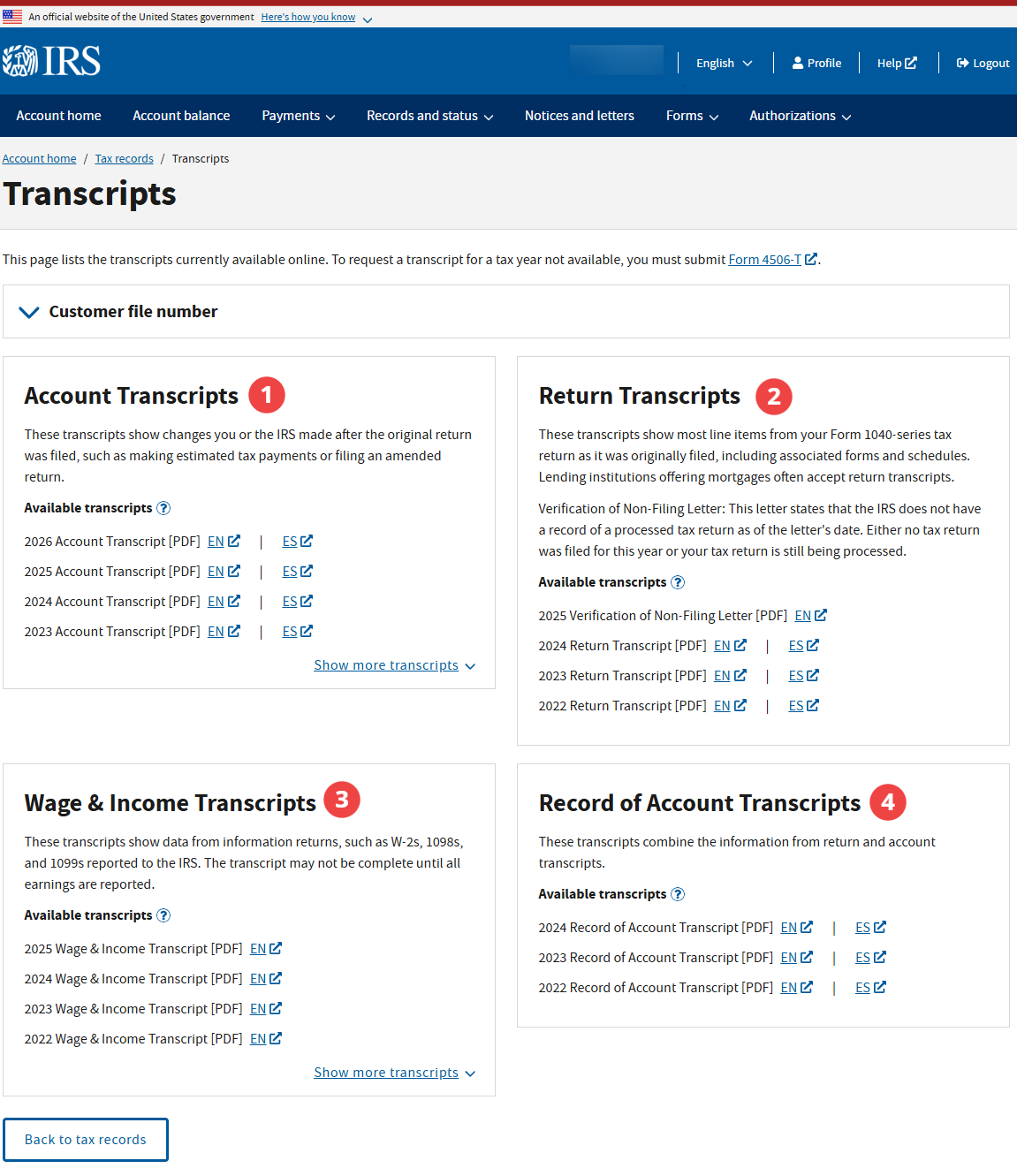 IRS transcripts screen showing the Account, Return, Wage and Income, and Record of Account sections with download links by year.