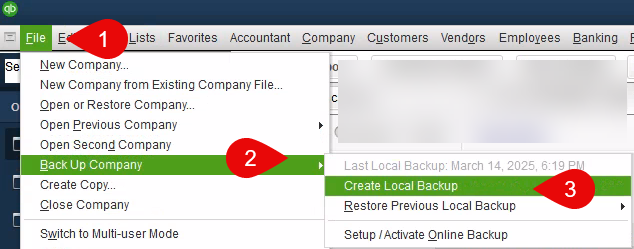QuickBooks Desktop File menu with Back Up Company and Create Local Backup highlighted