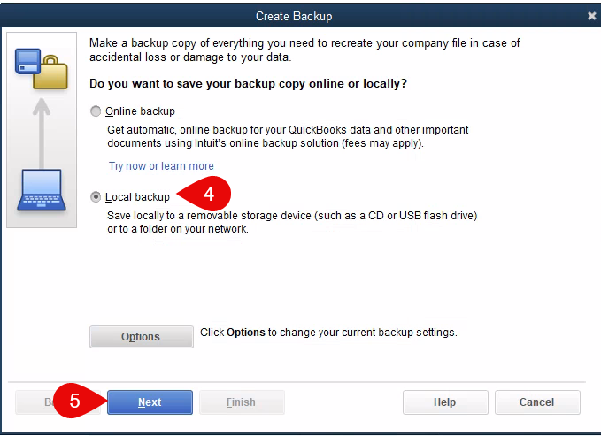QuickBooks Create Backup window with the Local backup option selected