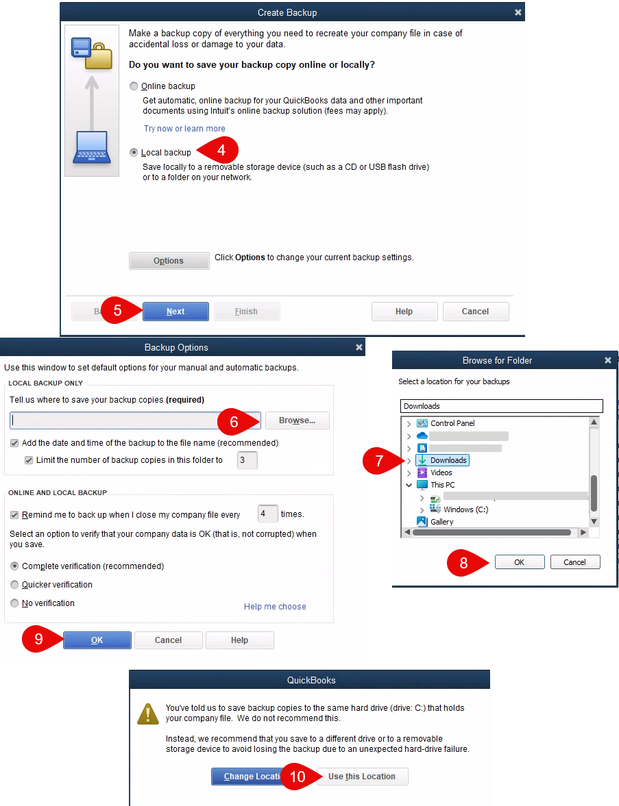 QuickBooks backup options window showing the save location and backup settings