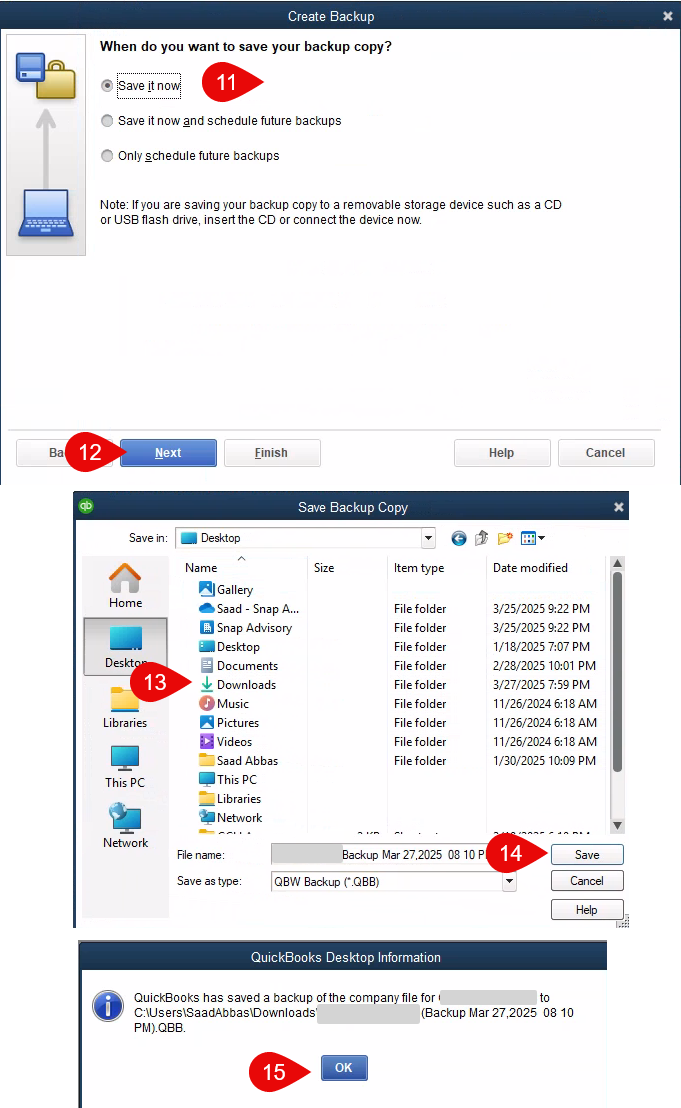QuickBooks backup scheduling window with Save it now selected