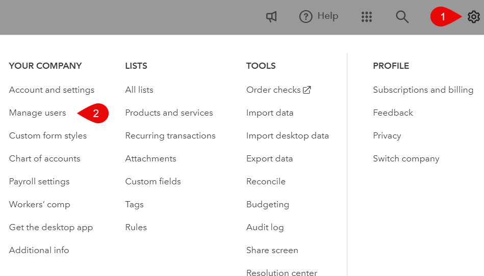 QuickBooks Online with the gear icon in the top right highlighted