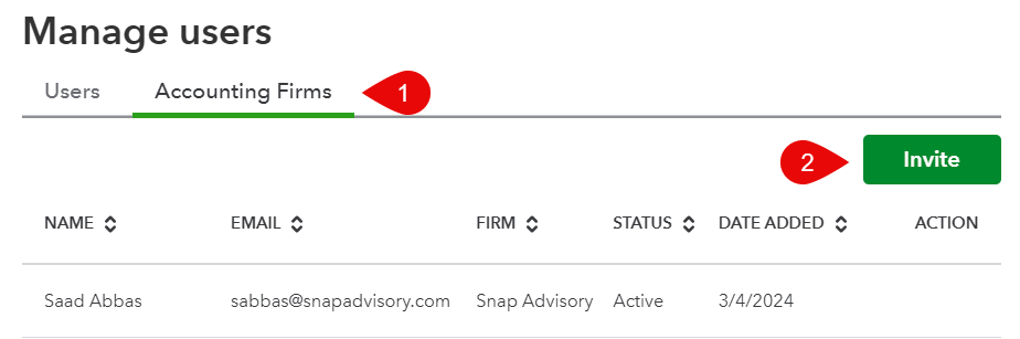 QuickBooks Online manage users screen on the Accounting Firms tab with the Invite button